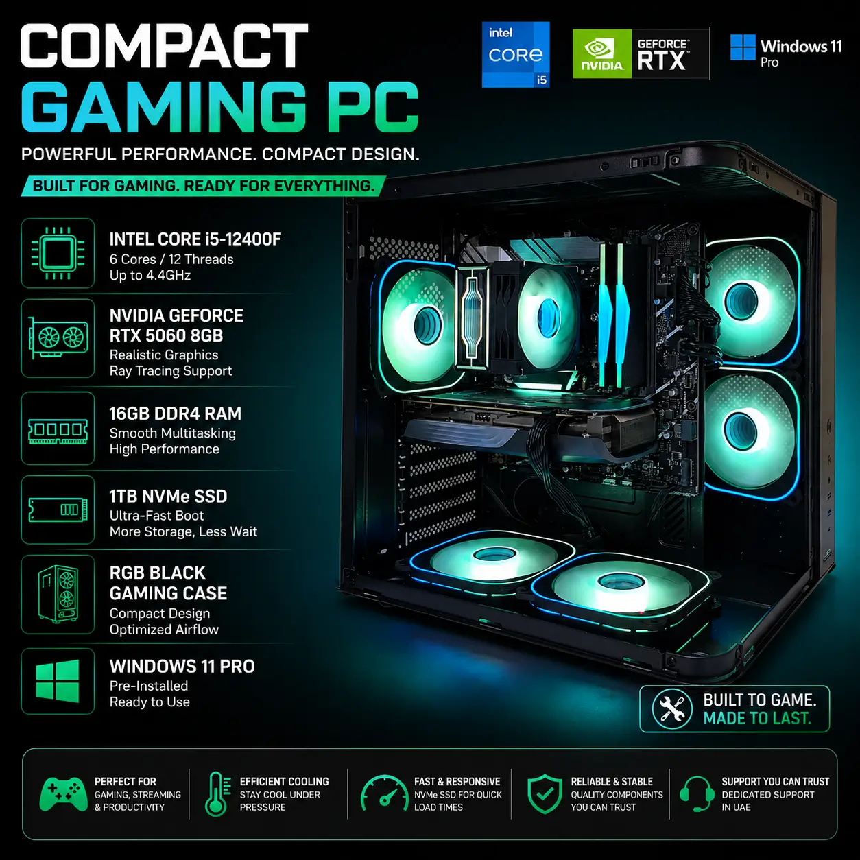Compact Gaming PC, Intel Core i5-12400F, NVIDIA GeForce RTX 5060 8GB Graphics Card, 16GB DDR4 RAM, 1TB NVMe SSD, Windows 11 Pro, RGB Black Gaming Case - Image 2