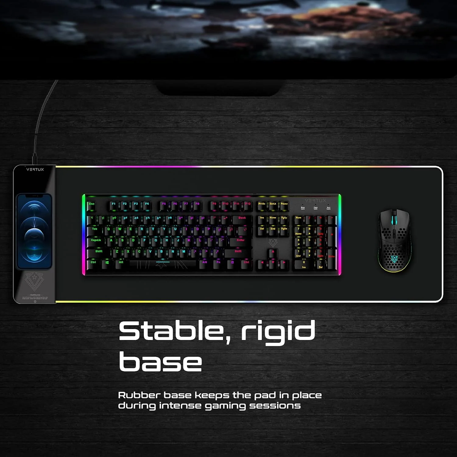Vertux LED Gaming Mouse Pad | 15W Qi Wireless Charging Pad | Anti-Friction | Zero Slip Grip | Smooth LED Illumination | Non-Slip Base Gaming Mouse Pad | Large Size Mouse Pad- Black - Image 3