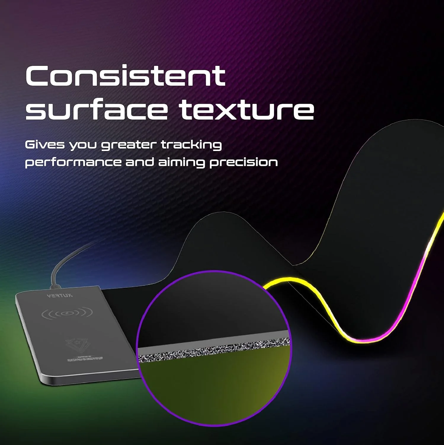 Vertux LED Gaming Mouse Pad | 15W Qi Wireless Charging Pad | Anti-Friction | Zero Slip Grip | Smooth LED Illumination | Non-Slip Base Gaming Mouse Pad | Large Size Mouse Pad- Black - Image 4