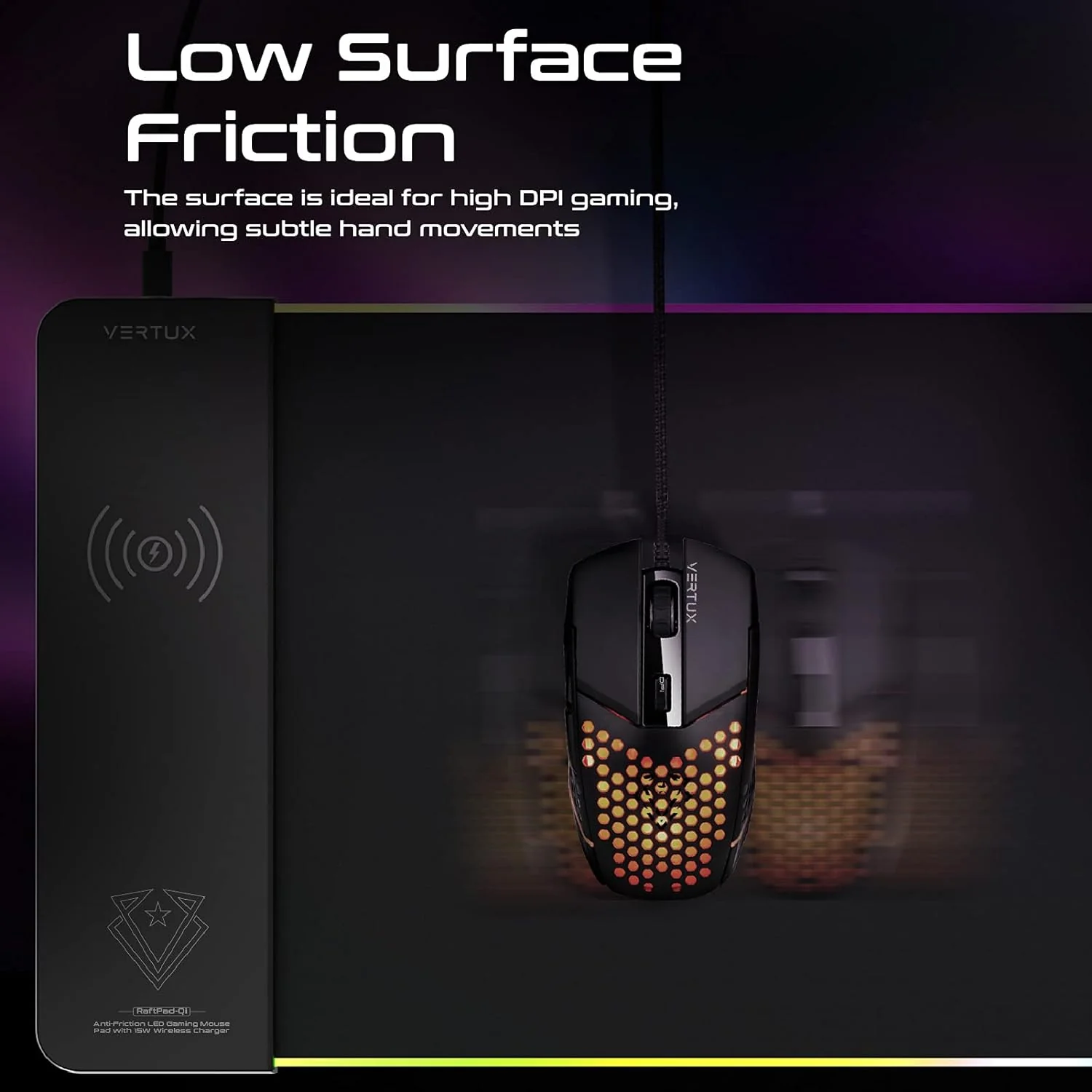 Vertux LED Gaming Mouse Pad | 15W Qi Wireless Charging Pad | Anti-Friction | Zero Slip Grip | Smooth LED Illumination | Non-Slip Base Gaming Mouse Pad | Large Size Mouse Pad- Black - Image 5