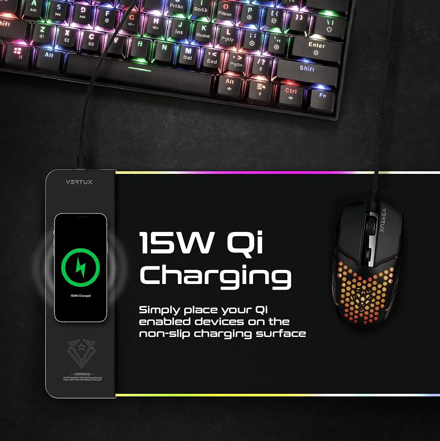 Vertux LED Gaming Mouse Pad | 15W Qi Wireless Charging Pad | Anti-Friction | Zero Slip Grip | Smooth LED Illumination | Non-Slip Base Gaming Mouse Pad | Large Size Mouse Pad- Black - Image 6