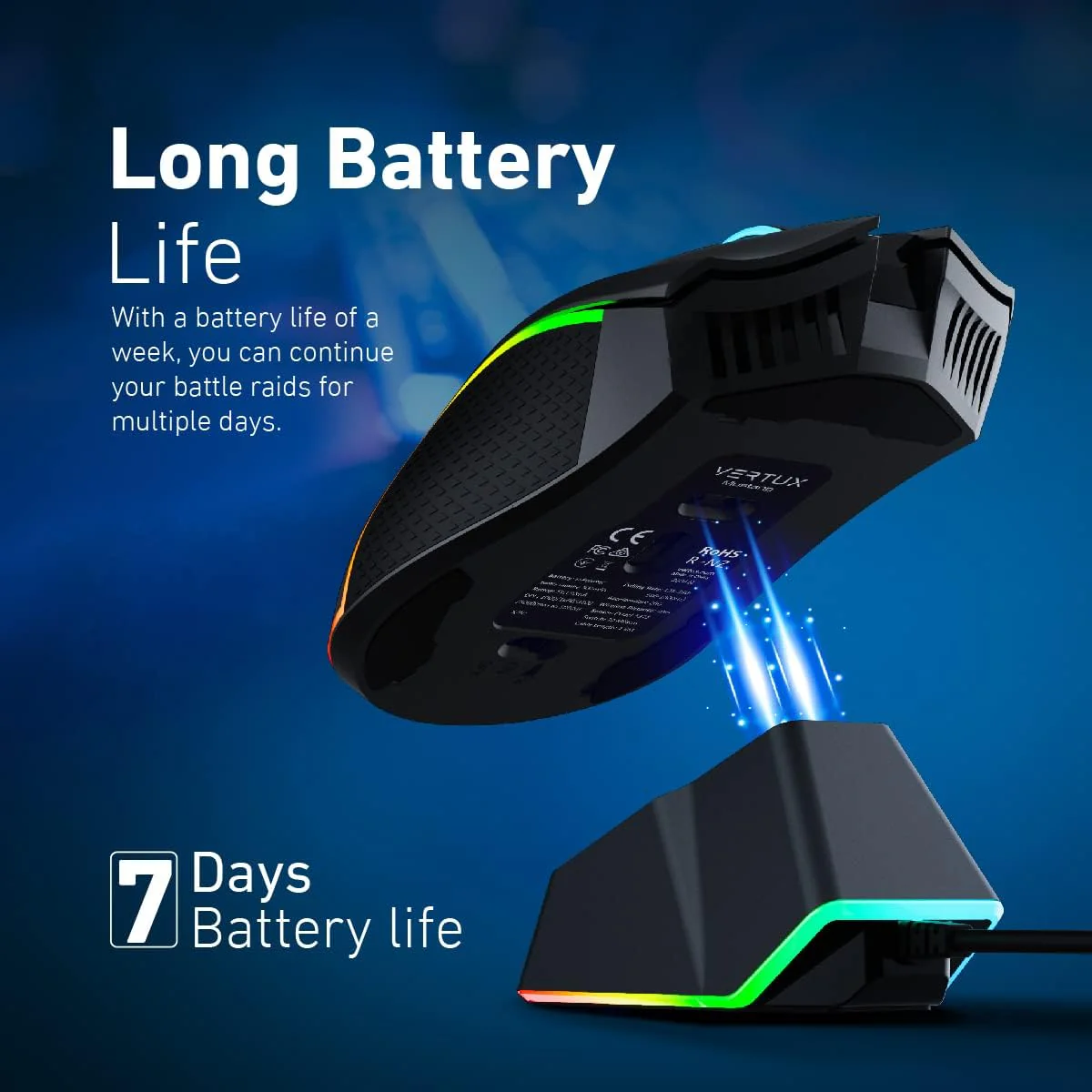 Vertux Mustang Wireless Gaming Mouse Charging Dock 1000 DPI Optical Sensor 7 Programmable Buttons RGB Light Wireless Gaming Mouse Long Battery Gaming Mouse Black - Image 3