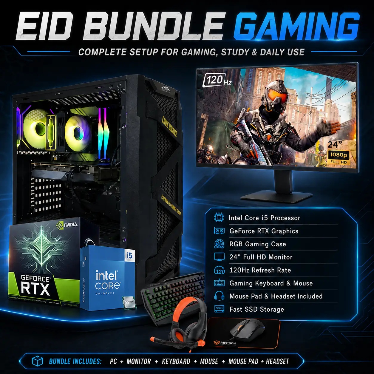 Eid Bundle Gaming PC, Intel Core i5-12400F, NVIDIA GeForce RTX 5050 8GB Graphics, 16GB DDR4 RAM, 512GB NVMe SSD, Windows 11 Pro, 1Year Warranty - Image 2