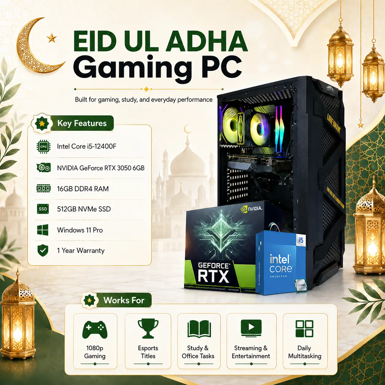 Eid Ul Adha Gaming PC, Intel Core i5-12400F, NVIDIA GeForec RTX 3050 6GB Graphics, 16GB DDR4 RAM, 512GB NVMe SSD, Windows 11 Pro | 1Year Warranty - Image 3