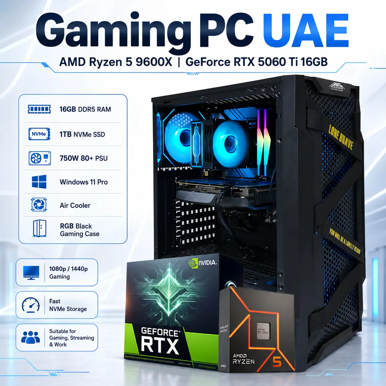Gaming PC, AMD Ryzen 5 9600X, NVIDIA Geforce RTX 5060 Ti 16GB, 16GB DDR5 RAM, 1TB NVMe SSD, RGB Black Gaming Case - UAE - Image 2