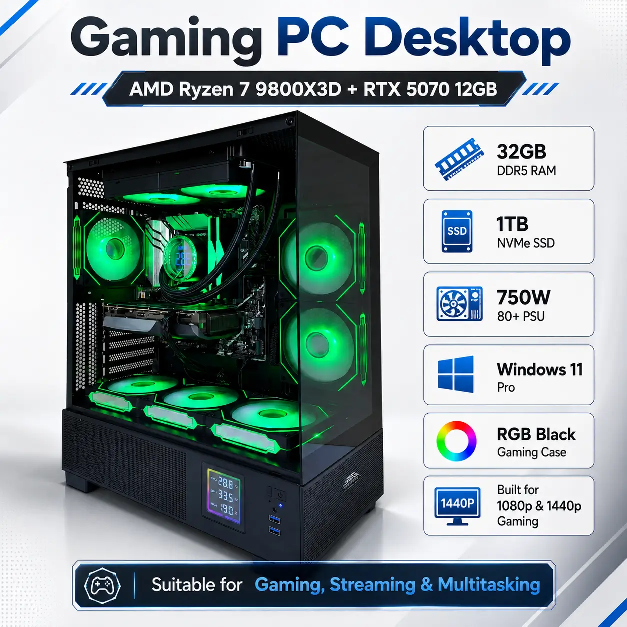 Gaming PC Desktop, AMD Ryzen 7 9800X3D, NVIDIA RTX 5070 12GB Graphics Card, 32GB DDR5 RAM, 1TB NVMe SSD, RGB Black Gaming Case - Image 2