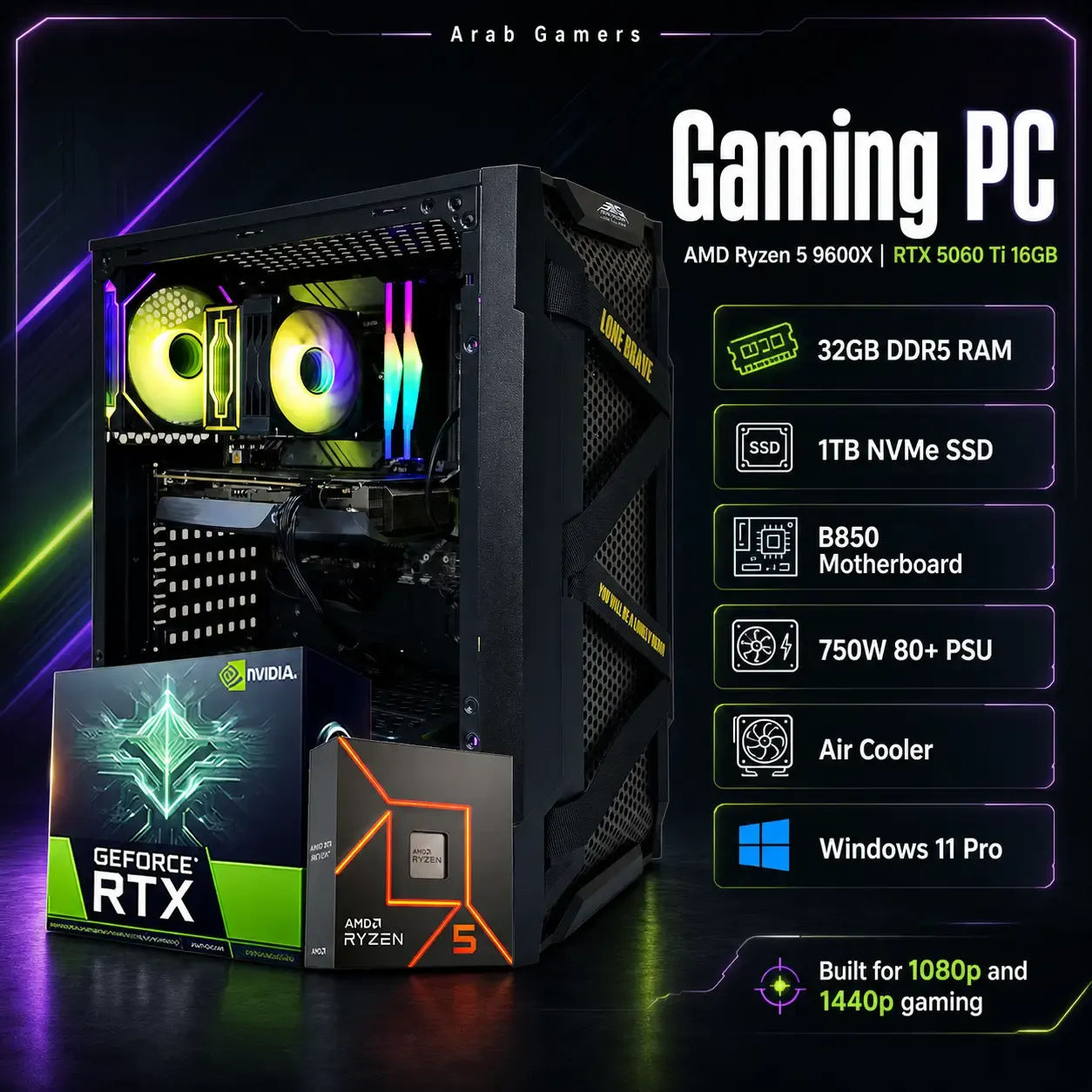 Gaming PC, AMD Ryzen 5 9600X, NVIDIA GeForce RTX 5060 Ti 16GB GDDR7 Graphics Card, 32GB DDR5 RAM, 1TB NVMe SSD, Windows 11 Pro, RGB Black Gaming Case - Image 2