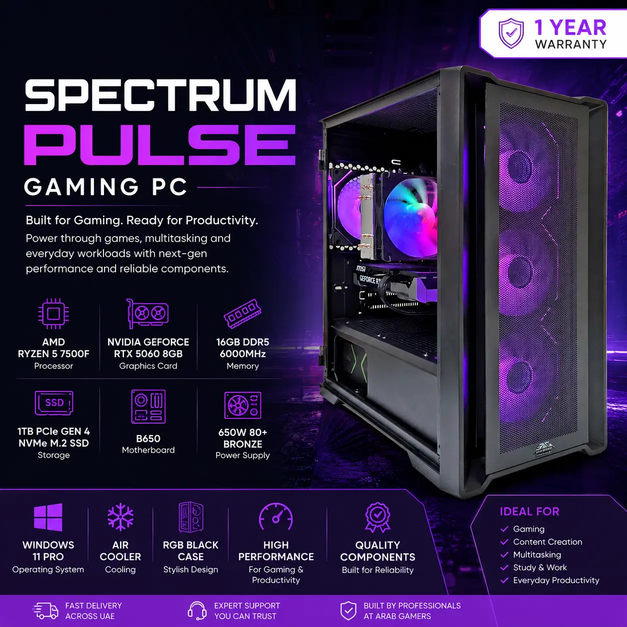 Spectrum Pulse Gaming PC, AMD Ryzen 5 7500F, NVIDIA GeForce RTX 5060 8GB Graphics Card, 16GB DDR5 RAM, 1TB NVMe SSD, RGB Black Gaming Case - Image 2