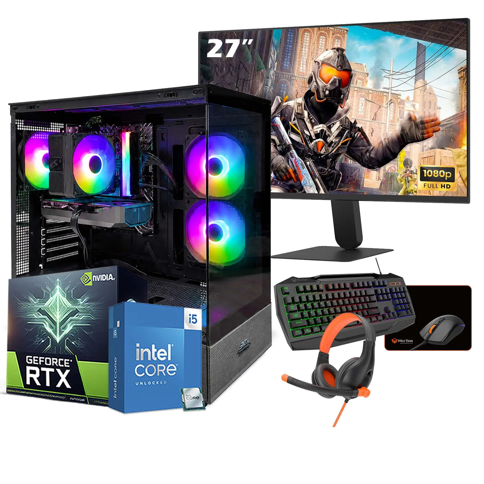 Starter Gaming PC Bundle, AMD Ryzen 5 8400F, AMD RADEON RX 580 8GB Graphics, 16GB DDR5 RAM, 1TB NVMe SSD, 27-inch FHD Dislpay, Combo Set, Windows 11 Pro
