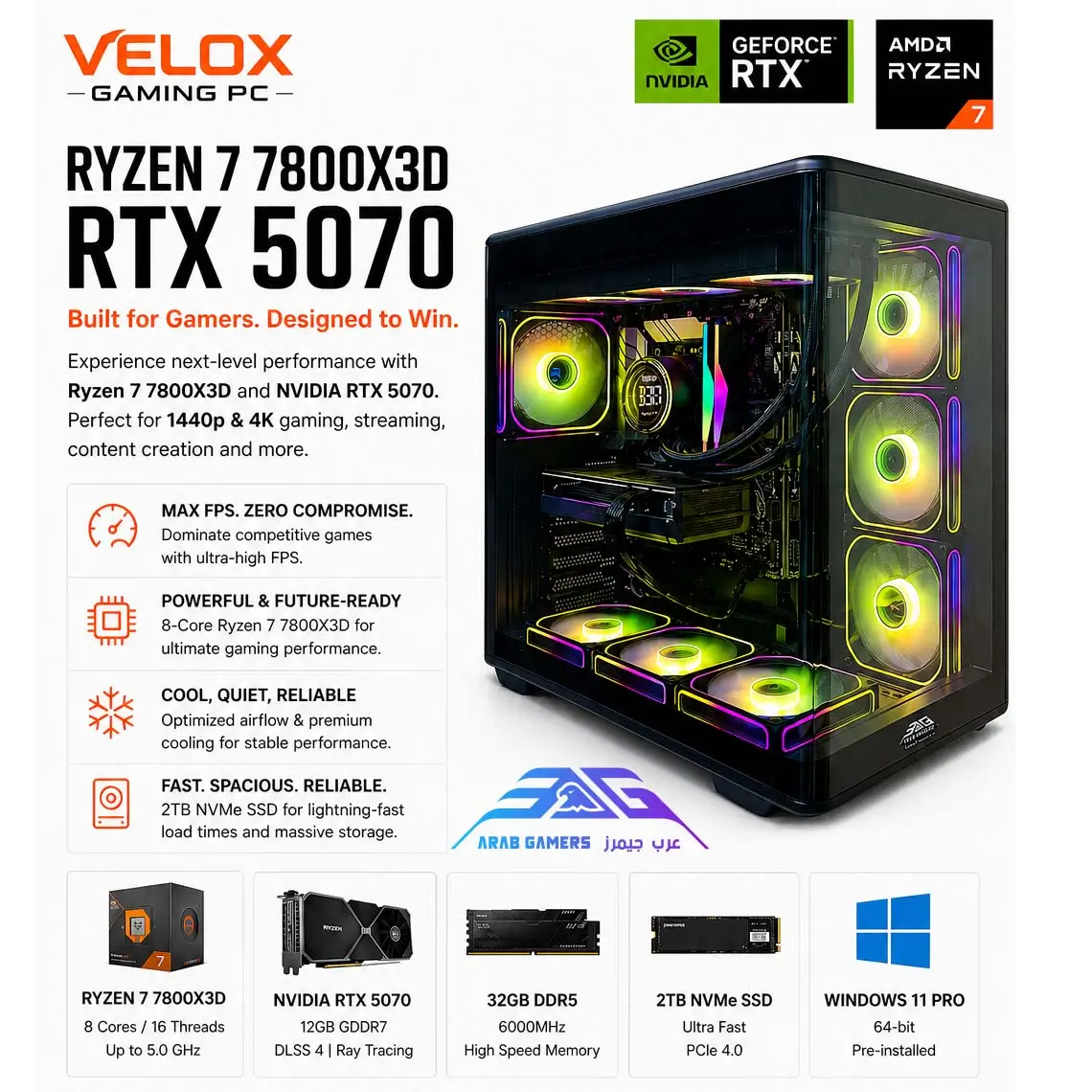 Velox Gaming PC, AMD Ryzen 7 7800X3D, NVIDIA GeForce RTX 5070 12GB Graphics Card, 32GB DDR5 RAM, 2TB NVMe SSD, Windows 11 Pro, RGB Black Gaming Case - Image 2