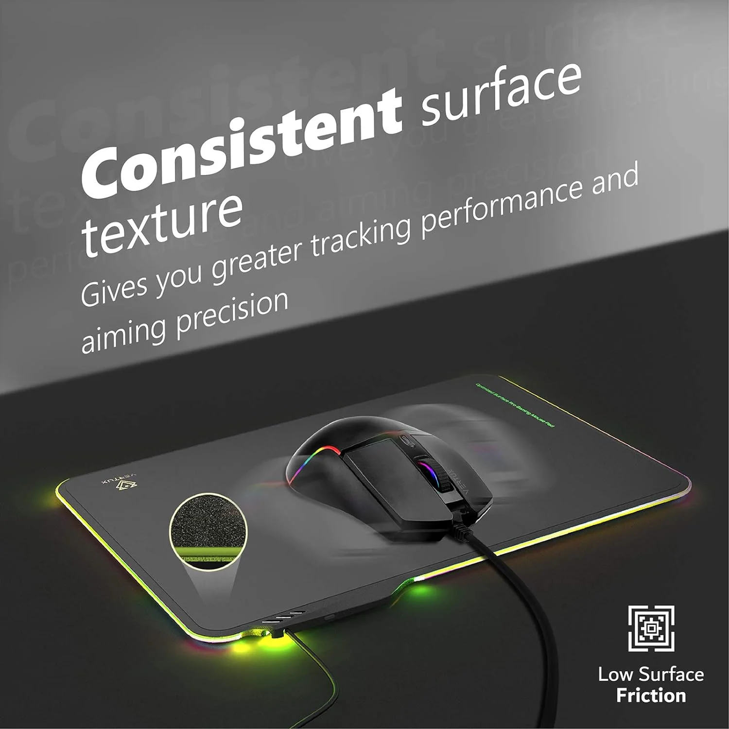 Vertux Gaming Mouse Pad | Fluxpad Optimized Low Resistance | Anti-Friction | Slim Gaming Mouse | Smooth LED | Stable Surface Mouse Pad | Wear-Resistant Gaming Mouse Pad-Black - Image 3