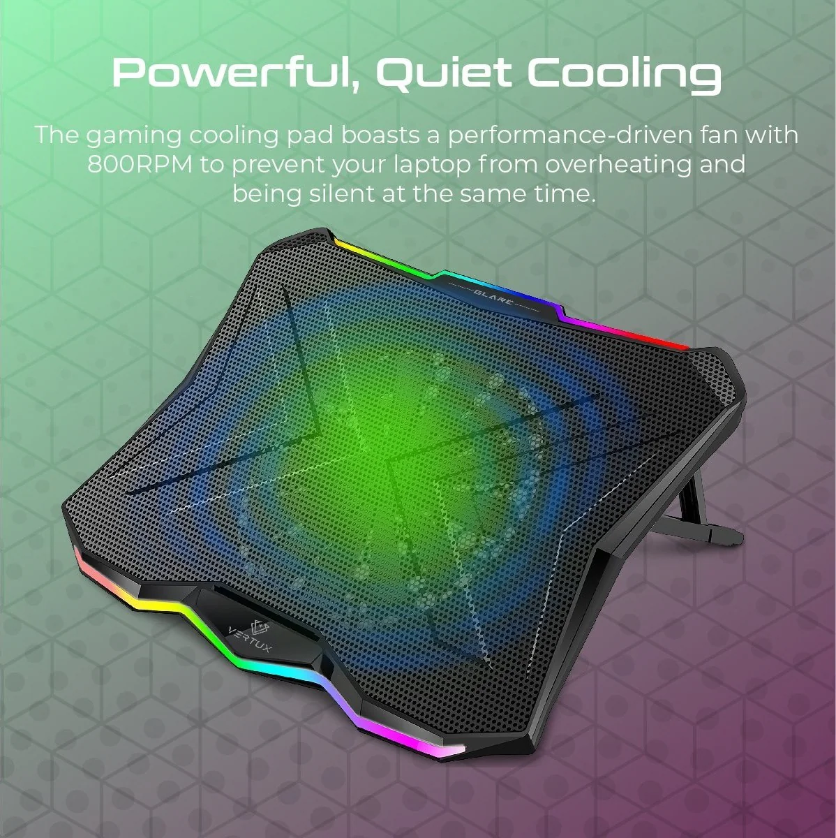 Vertux Glare Quiet RGB Cooling Laptop Stand With Rainbow LED Lights, Fan Speed -800RPM ± 10%, Fan Airflow -47CFM, Fan Noise -22dB, With Multi Height Adjustment | VE.GLARE.NC - Image 3