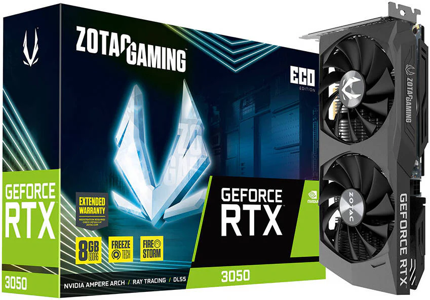 ZOTAC GAMING GEFORCE RTX 3050 ECO Edition Graphics Card, 8GB GDDR6 128-bit Memory, 14 Gbps Memory Clock, 1777 MHz Boost Clock, 2560 CUDA, PCI E 4.0 8x, 3x DP 1.4a / 1x HDMI